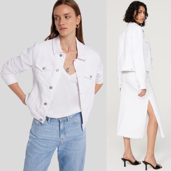 7 FOR ALL MANKIND 90s Luxe Ivory Stretch Denim Cropped Jean Trucker Jacket L - Picture 3 of 15
